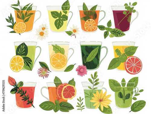 Soothing Ensemble of Herbal Teas Featuring Variety of Flavors, Flat Vector Illustration