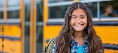 Excited student girl, smiling, ready for school bus, with space for text placement
