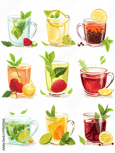 Soothing Ensemble of Herbal Teas Featuring Variety of Flavors, Flat Vector Illustration