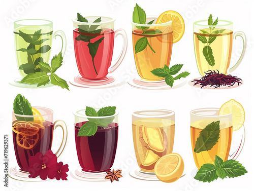 Soothing Ensemble of Herbal Teas Featuring Variety of Flavors, Flat Vector Illustration