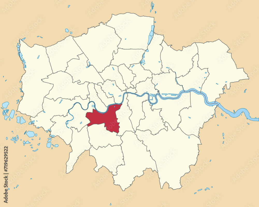 Red flat blank highlighted location map of the BOROUGH OF WANDSWORTH inside beige administrative local authority districts map of London, England