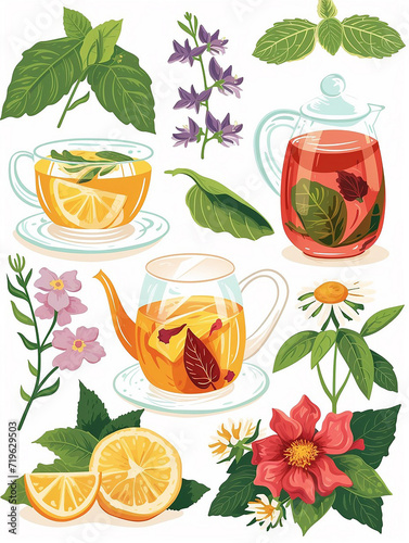 Soothing Ensemble of Herbal Teas Featuring Variety of Flavors, Flat Vector Illustration