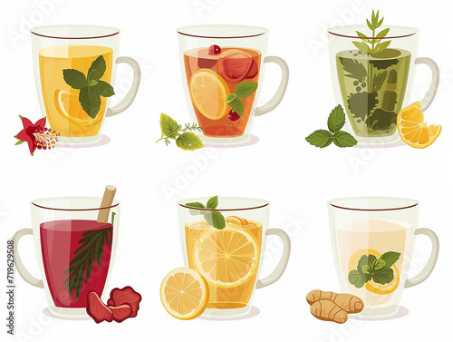 Soothing Ensemble of Herbal Teas Featuring Variety of Flavors, Flat Vector Illustration