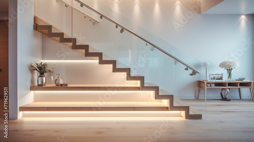 A minimalist wooden staircase in pale tones with sleek glass sides, LED strip lighting under the handrails enhancing the warmth of a stylish residence.