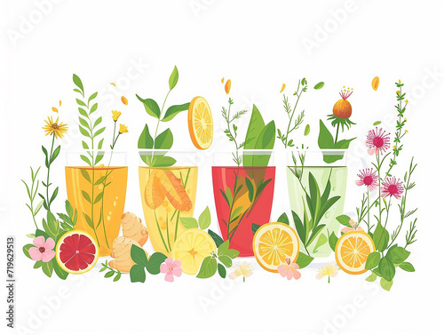 Soothing Ensemble of Herbal Teas Featuring Variety of Flavors, Flat Vector Illustration