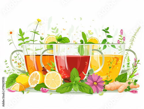 Soothing Ensemble of Herbal Teas Featuring Variety of Flavors, Flat Vector Illustration