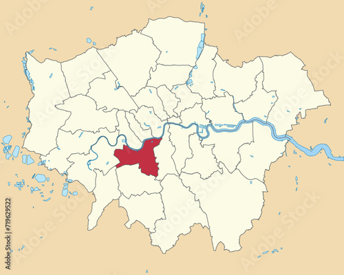 Red flat blank highlighted location map of the BOROUGH OF WANDSWORTH inside beige administrative local authority districts map of London  England