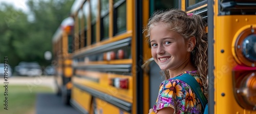Smiling elementary school girl ready to board school bus with copy space for text