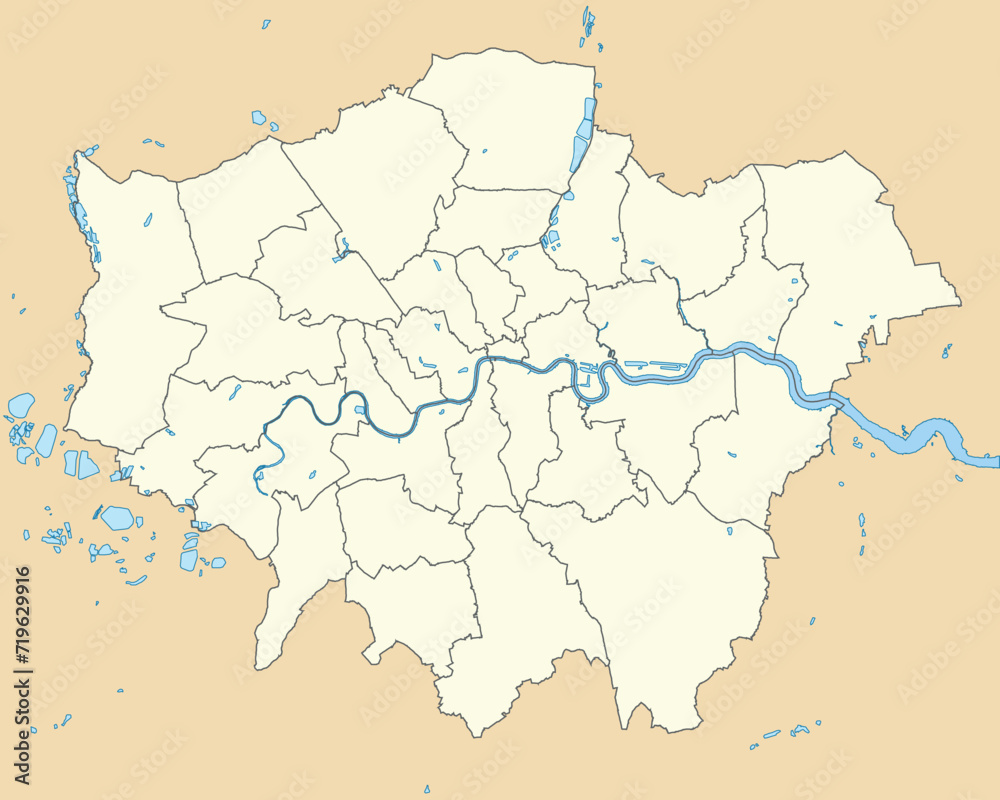 Obraz premium Beige flat vector administrative map of LONDON, ENGLAND with black border lines and waterways of its local authority districts