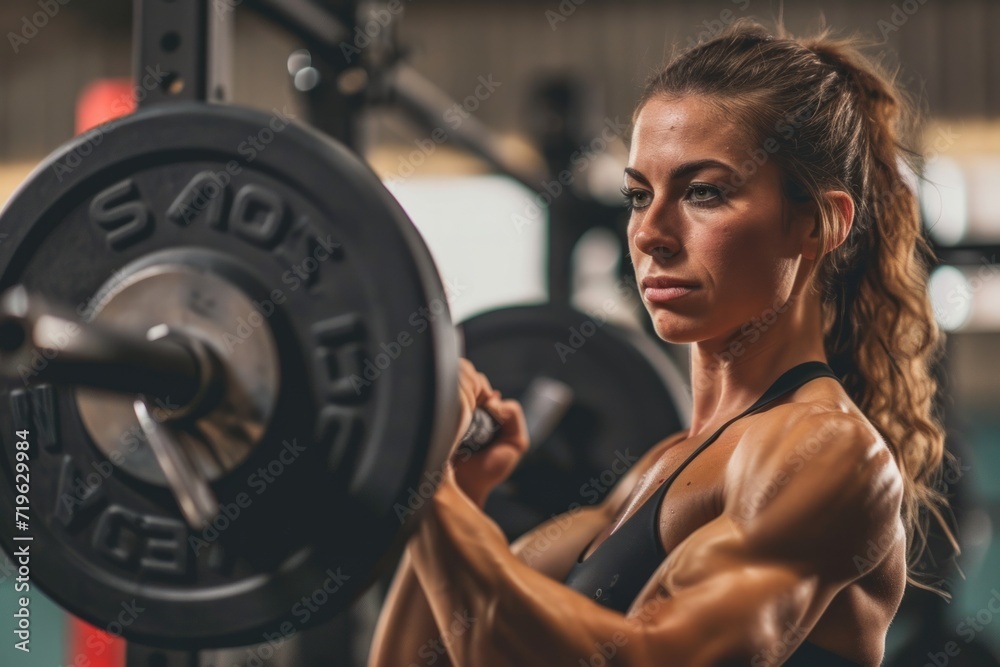A fit woman lifting barbells