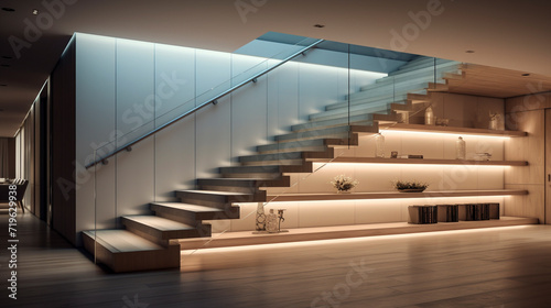 A minimalist wooden staircase in pale tones with clear glass balustrades, softly illuminated by LED lights beneath the handrails, in an elegant setting.