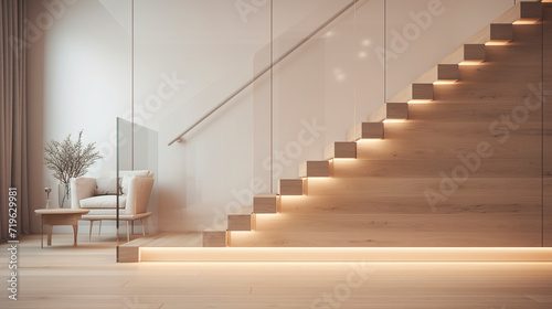 A minimalist wooden staircase in a light color palette with clear glass balustrades  gently illuminated by LED lights under the handrails  in an upscale residence.