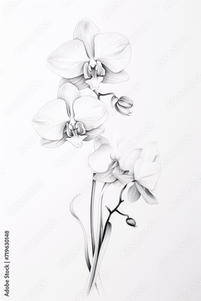 Minimal pen illustration sketch orchid & white drawing of an ocean