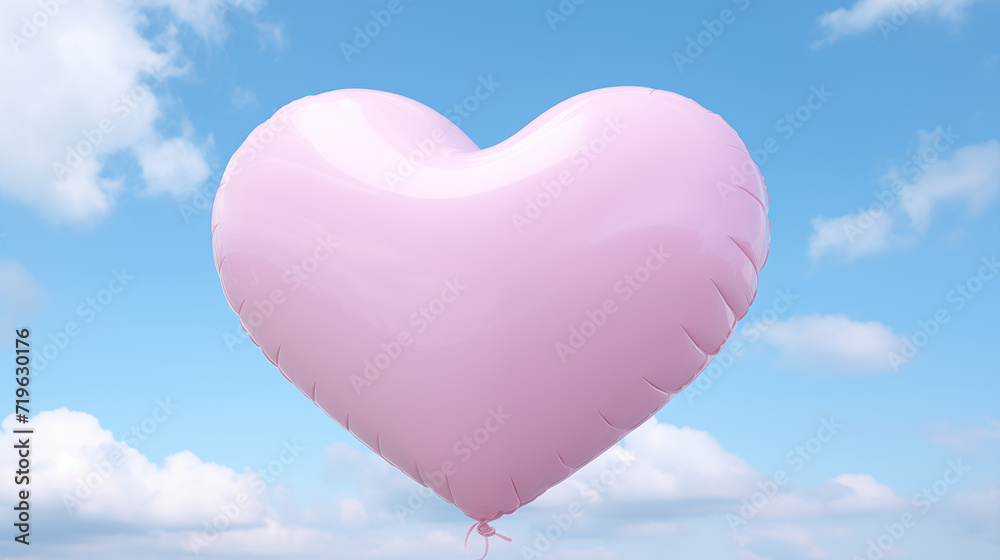 Pink heart-shaped balloon in a blue sky with clouds.