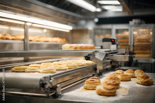 Modern smart bakery using an automatic dough robot to make puff pastry for French croissants on a conveyor line