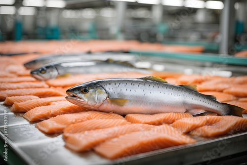 The detail of a fish salmon factory, processing line. Fish and food industry abstract. Salmon fillet on an industrial conveyor