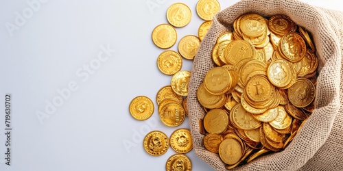 Gold bitcoins in sack bag on a white table