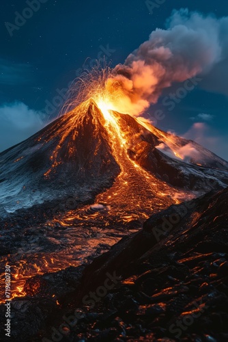 A volcano erupting at night