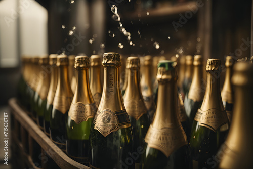 Champagne bottles turning during fermentation, close up