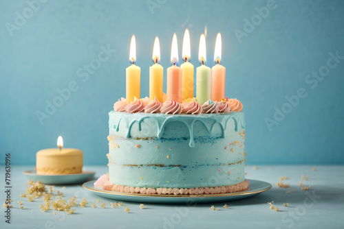 birthday cake with candles on pastel blue background with copyspace