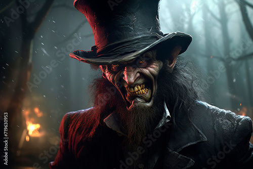Fotografie, Obraz A sorcerer with a long beard and glowing eyes wearing a top hat