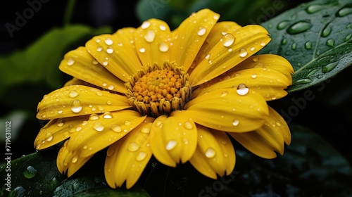 Close-Up View of a Yellow Flower with Water Drops on Petals, Green Leaf Background photo