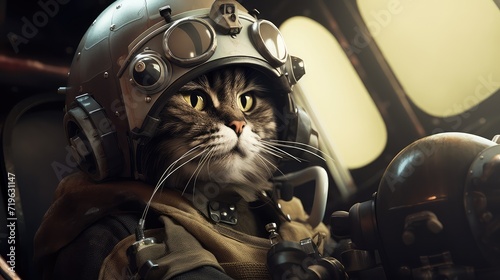 Adventurous Feline: A Cat Wearing a Pilot Helmet Sitting in a Cockpit, Ready for Takeoff
