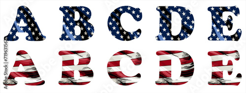 Vector font on background 
of national flag of usa.
A set of letters of english alphabet ABCDE with
american pattern of stars and stripes for
clothing, fabric, textile, paper, inscription on t-shirt. 