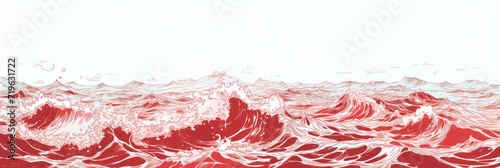 Minimal pen illustration sketch ruby & white drawing of an ocean 