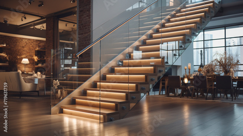 A modern light wood staircase with clear glass railings  subtly illuminated by LED strip lighting under the handrails  in a stylish urban loft.
