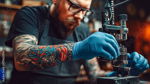 Tattoo artist creating intricate design on man s hand with needle and vibrant ink in close up