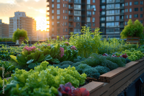 Smart Urban Farming, vibrant rooftop gardens in city environment, soft morning light highlighting greenery