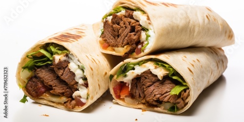 In the kitchen with a white background, beef-filled Shawarma Kebab rolls fresh from the microwave.