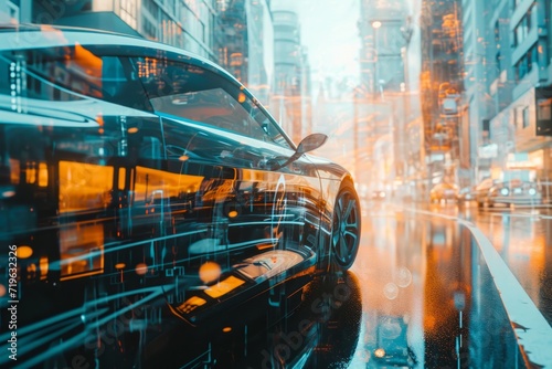 Double exposure of an electric car in a futuristic city