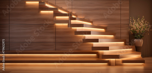 A modern wooden staircase with soft  ambient lighting under each step  creating a warm glow.