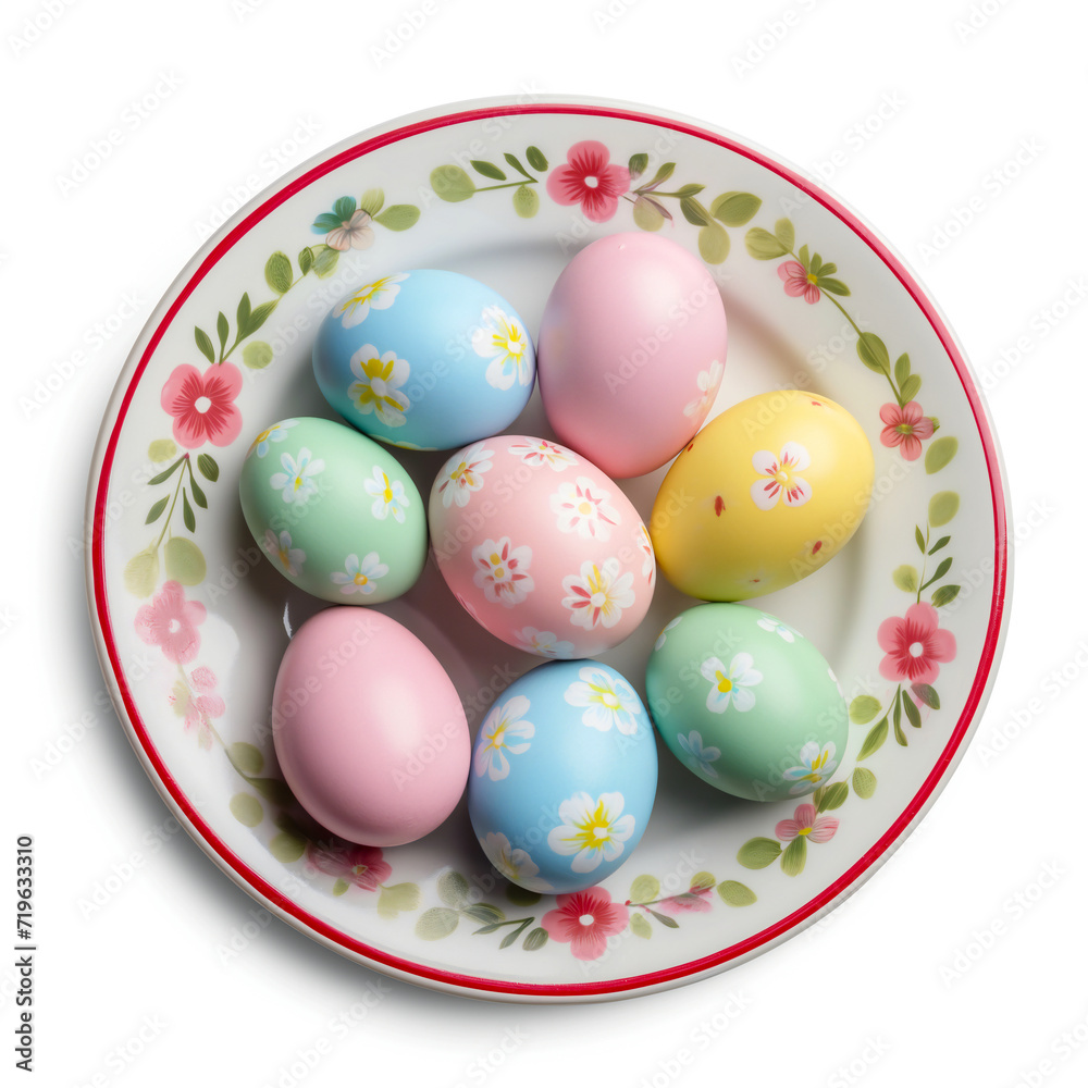 Colored Easter eggs on a vintage plate with an ornament on a white background. Spring and Easter background for social networks and websites.
