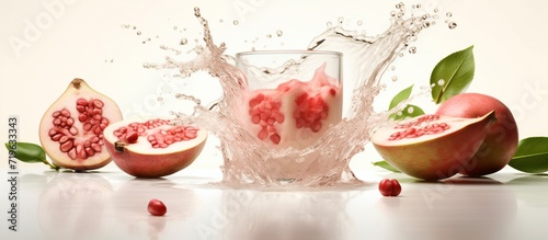 Guava juice splash out of glass with guava fruit on white background