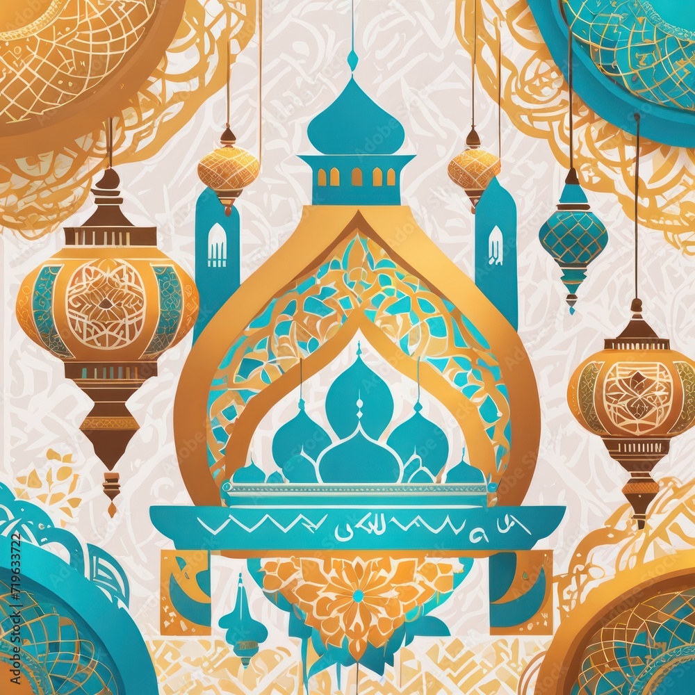 Ramadhan Atmosphere or mosque Ramadhan Atmosphere. Full mosque in Ramadan or Afternoon mosque atmosphere arabic islamic calligraphy of mosque