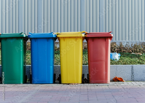 Row of colorful bins for waste segregation on city street © Flow_control
