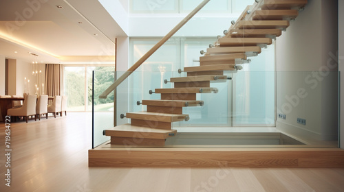 A panoramic view of a light oak staircase with glass sides  seamlessly integrating into a luxurious  contemporary home.