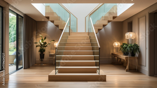 A panoramic view of a light oak staircase with glass sides, seamlessly integrating into a luxurious, contemporary home.