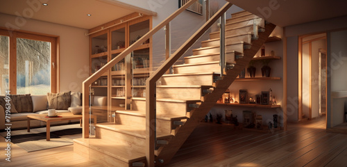 A rustic yet modern wooden staircase with a glass balustrade  set in a cozy  well-lit interior.