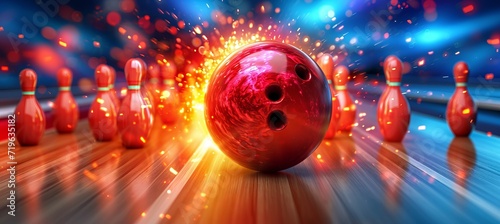 Bowling strike  ball crashing into pins on alley line, concept of sport competition or tournament.