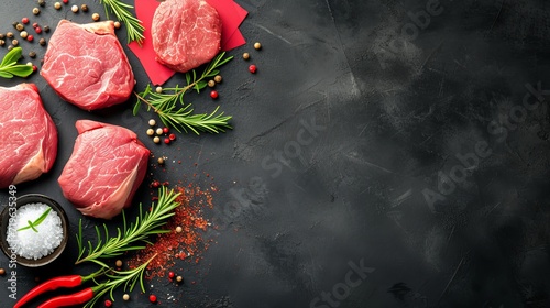 Raw beef steak with red pepper, rosemary, and salt on black surface, top view, cooking concept