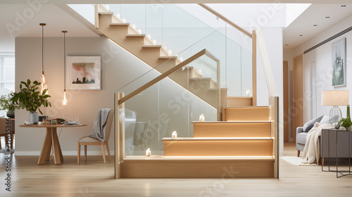A Scandinavian-style light oak staircase with glass balustrades, featuring LED lighting under the handrails, in a chic, naturally lit room.