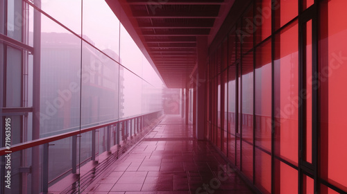 Red glass corridor in foggy atmosphere.