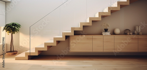 A sleek, corner staircase with light wooden steps and a glass balustrade, maximizing space in a modern apartment.