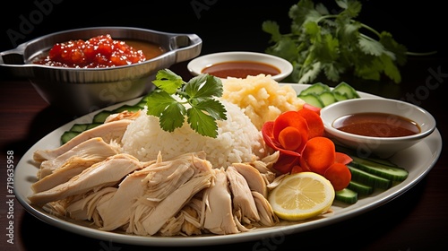 steamed Hainanese chicken rice soup green red chilli ginger soya sauce cucumber carrot side serviced photo