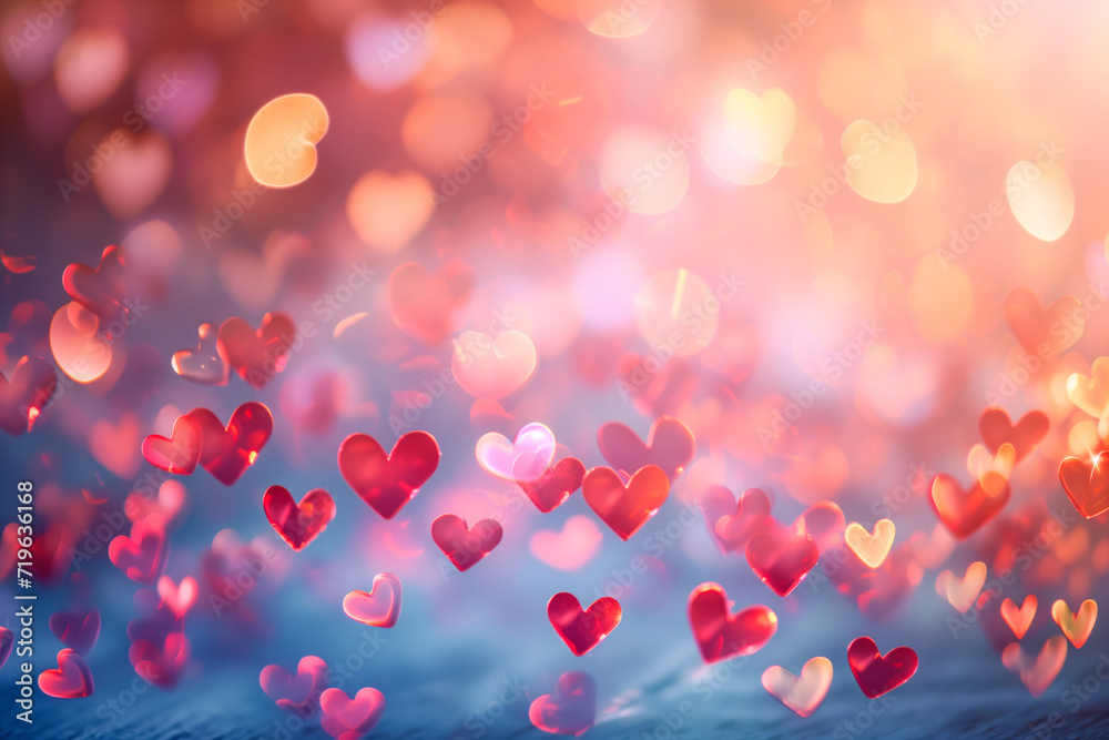 Heart shape Valentine day bokeh background with blurred hearts. Romantic background for sale header or greeting cards