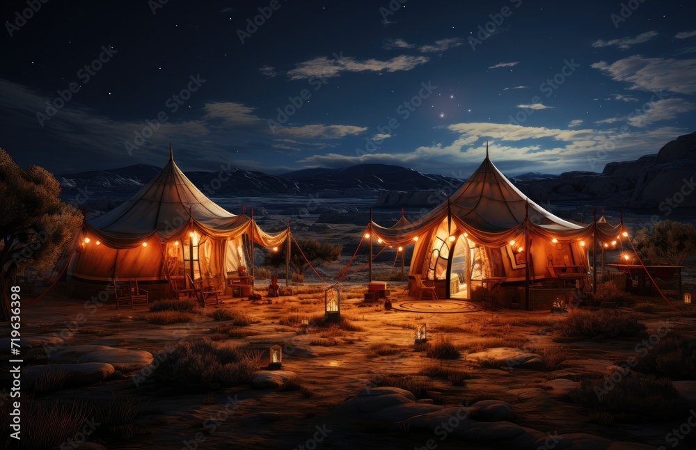 A vibrant sky illuminates a desert landscape, casting a warm glow on a cluster of tents nestled among trees and mountains as the night settles in